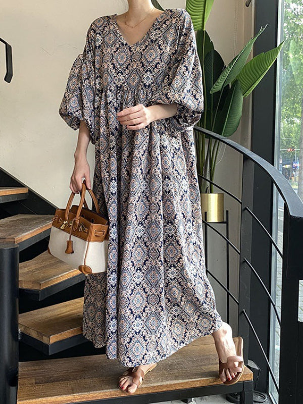 Ethnic Style Floral V-Neck Lantern Sleeve Midi Dress