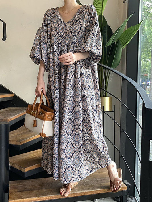 Ethnic Style Floral V-Neck Lantern Sleeve Midi Dress
