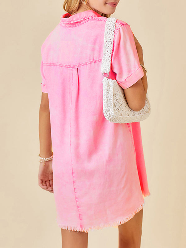 A-Line Loose Fringed Pleated Pockets Split-Joint Lapel Mini Dresses