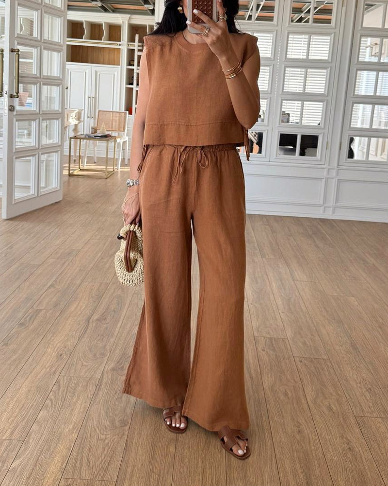 Casual Round Neck Lace-Up Sleeveless Top & Pants Two-Piece Set