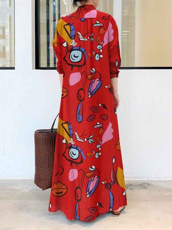 Long Sleeves Loose Buttoned Pockets Printed Lapel Maxi Dresses Shirt Dress