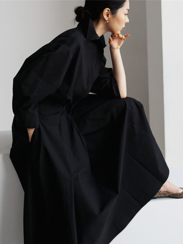 Long Sleeves Loose Buttoned Solid Color Lapel Midi Dresses