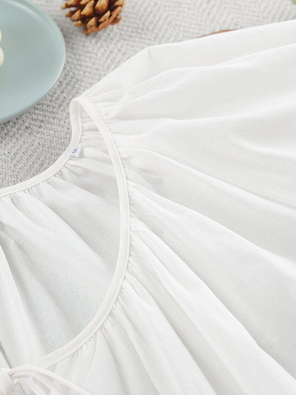 Loose Puff Sleeves Lace-Up Pleated See-Through Solid Color V-Neck Mini Dresses Sleep Dress