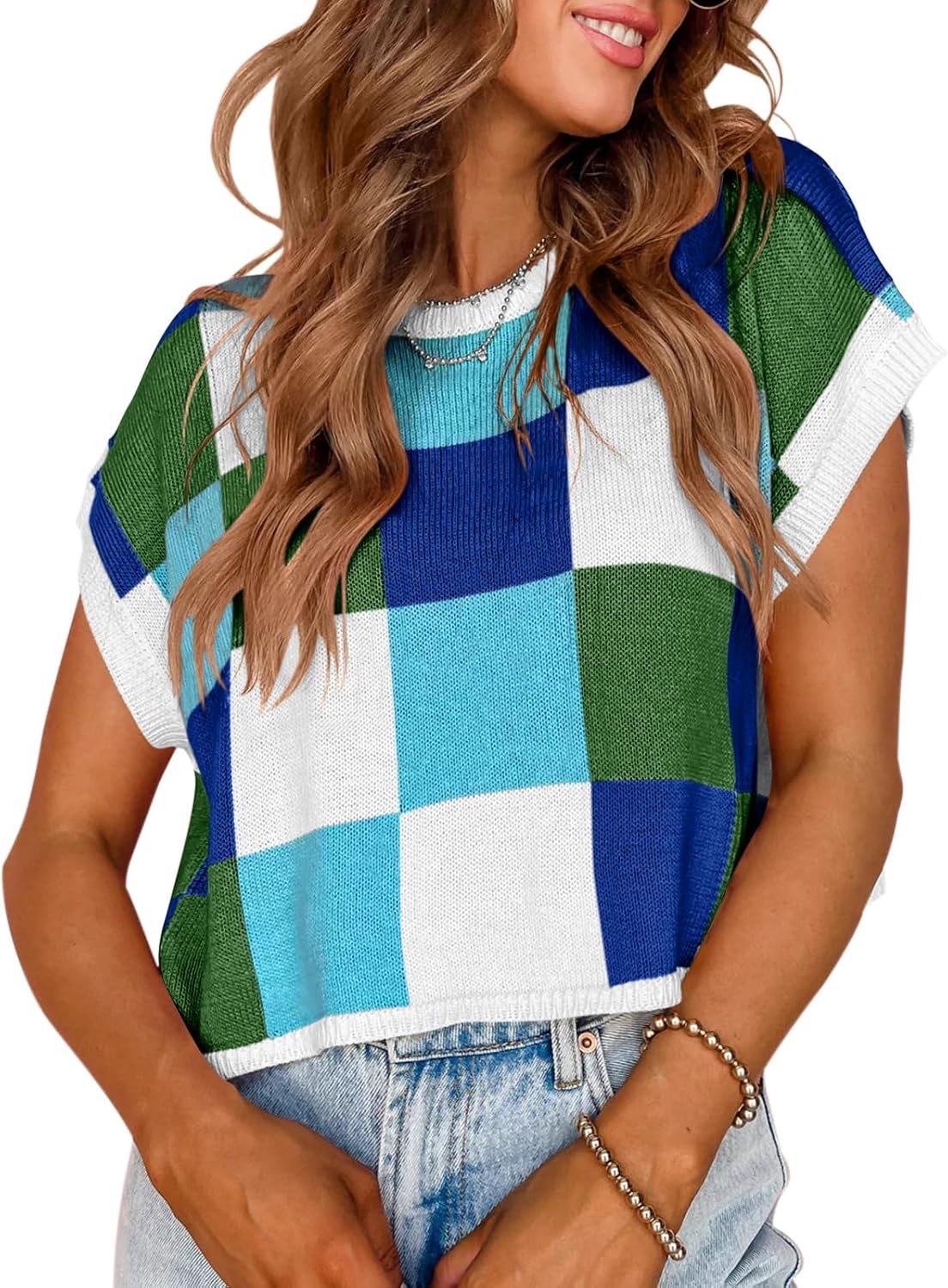 Women's Checkerboard Short Sleeve Color Block Knit Sweater(Buy 2 Free Shipping)
