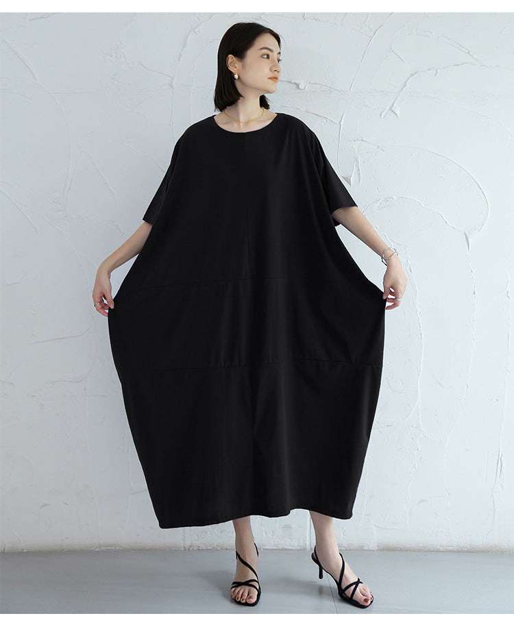 Loose Solid Round Neck Bat Sleeve Maxi Dress With Pocket