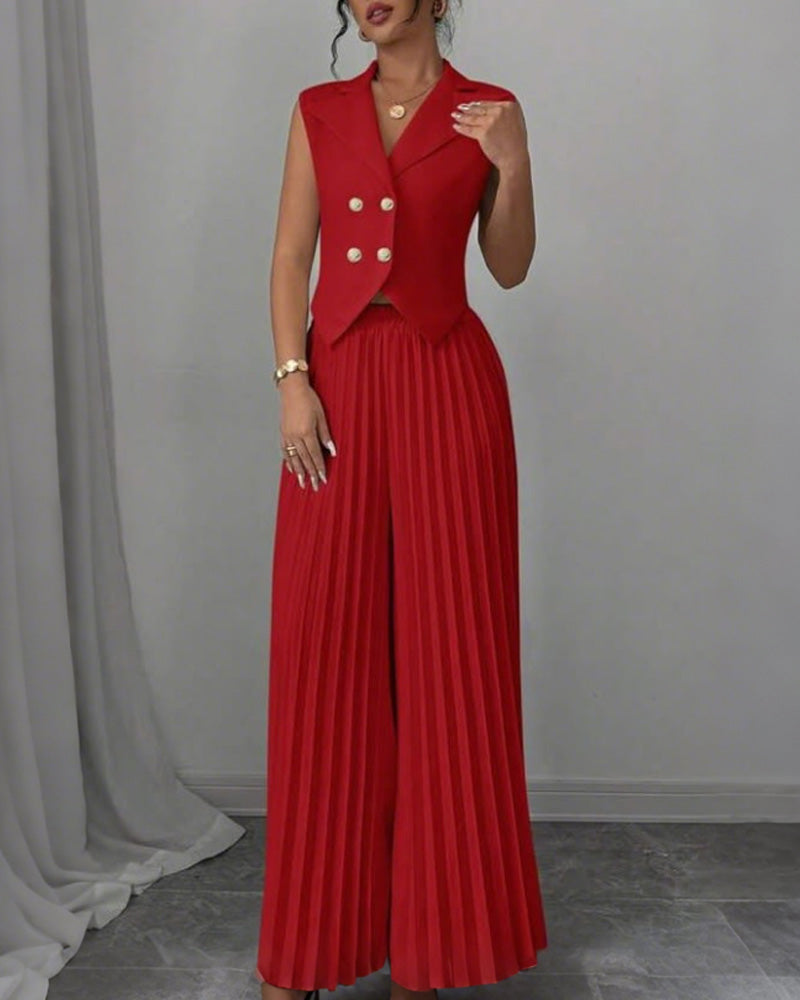 Fashion Vest Pleated Skirt Trouser Set