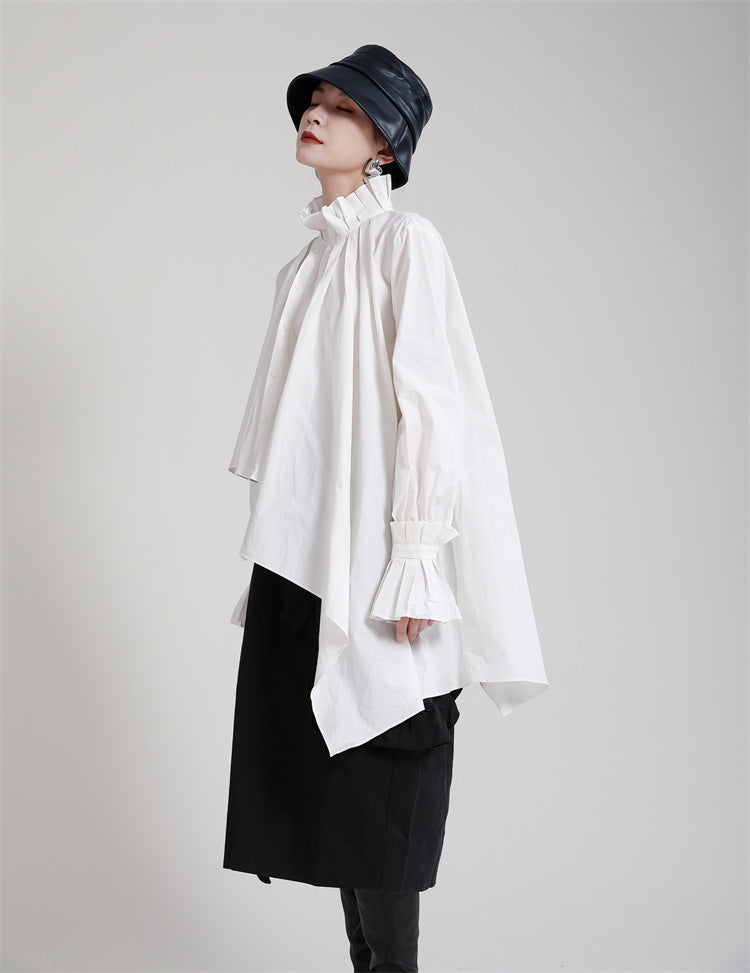 Irregular Solid Color Stand Collar Long Sleeve Shirt