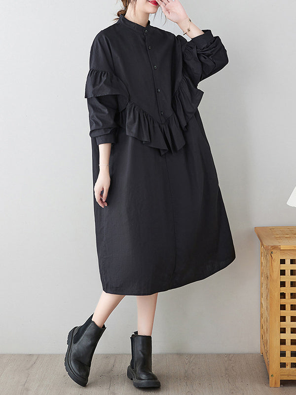 Literary Splicing Stand Collar Midi Dress