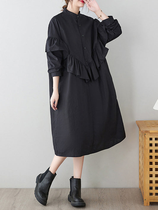 Literary Splicing Stand Collar Midi Dress
