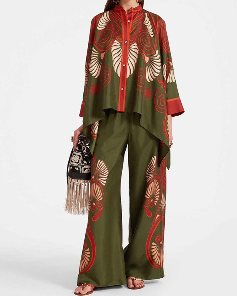 Fashion Print Loose Shirt Trousers Set