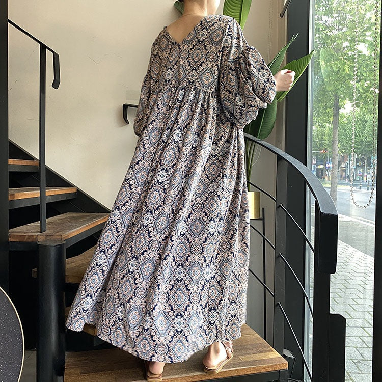 Ethnic Style Floral V-Neck Lantern Sleeve Midi Dress