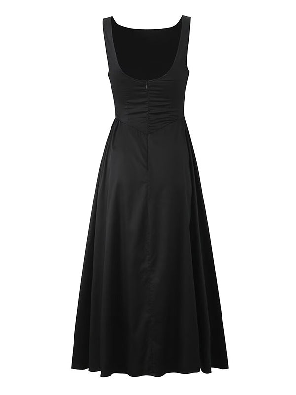 A-Line Loose No Belt Pleated Solid Color Zipper Round-Neck Midi Dresses