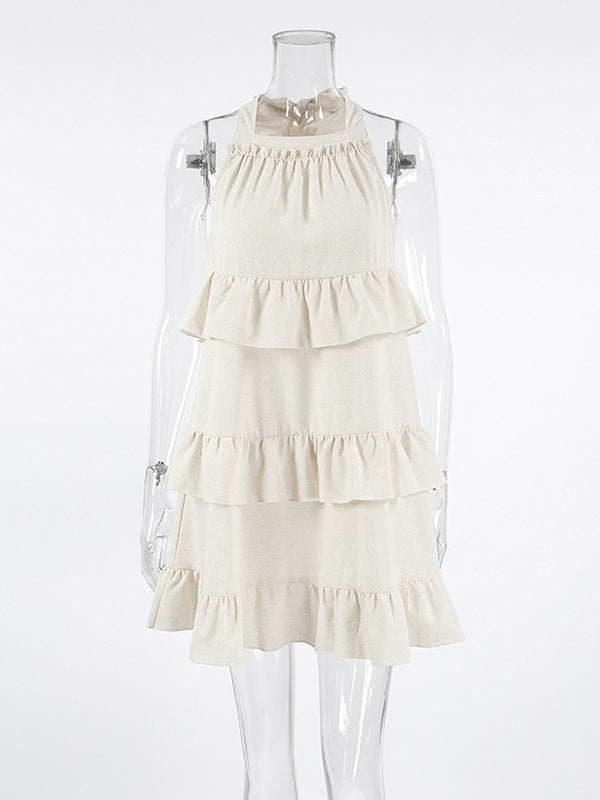 A-line Loose Ruffle Trim Solid Color Tied Zipper Spaghetti-Neck Mini Dresses