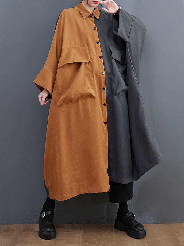 Literary Color Block Lapel Mid Dress