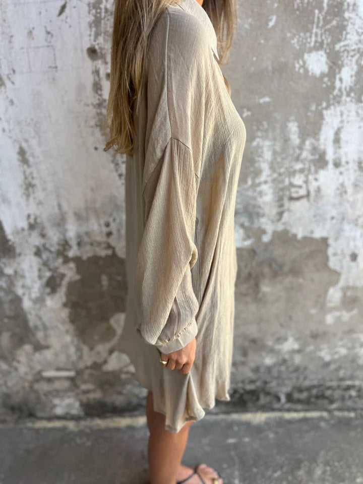 Casual Solid Color Shorts Long Sleeve Wrinkled Cloth Shirt Two-Piece Set