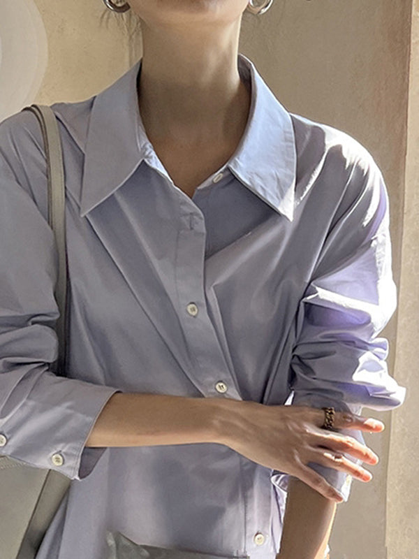 Long Sleeves Loose Asymmetric Solid Color Lapel Shirt Dress