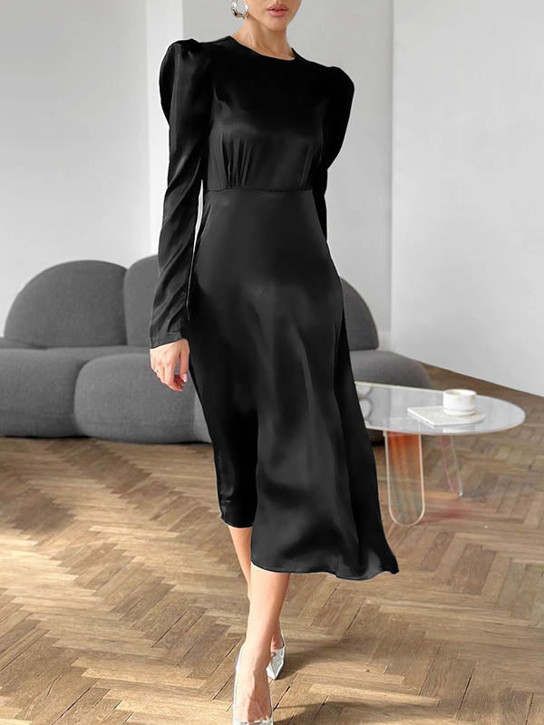 A-Line Long Sleeves Pleated Solid Color Zipper Round-Neck Midi Dresses