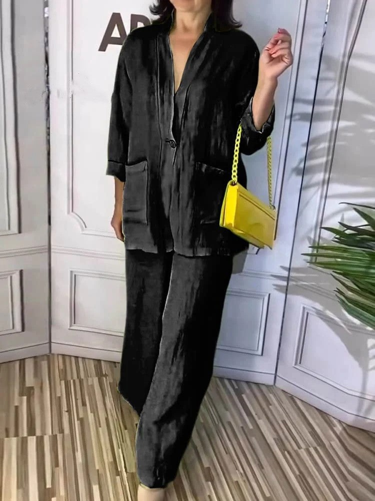 Solid Color V-Neck Top Two-Piece Pants Set