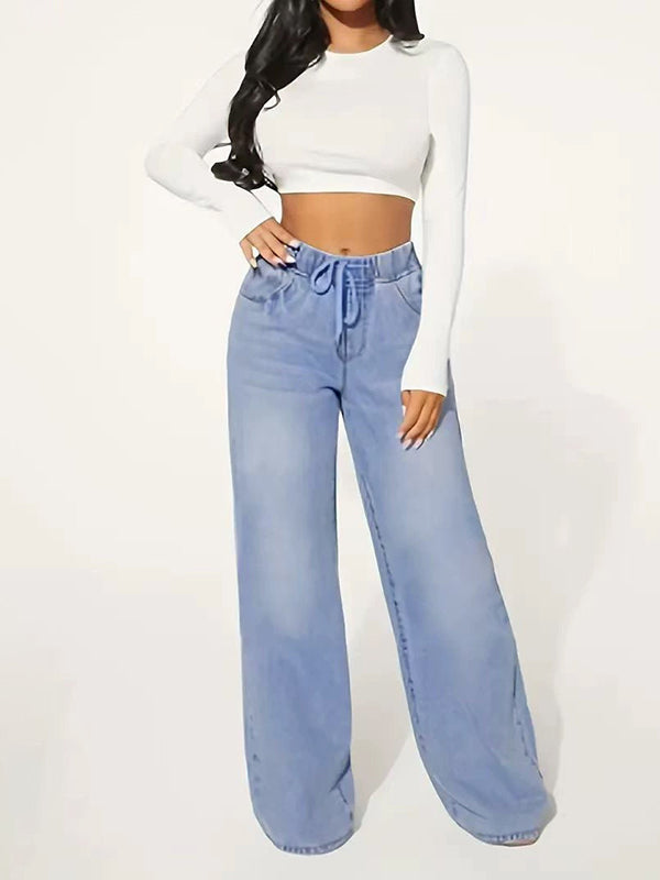 High Waisted Loose Drawstring Elasticity Split-Joint Jean Pants Bottoms