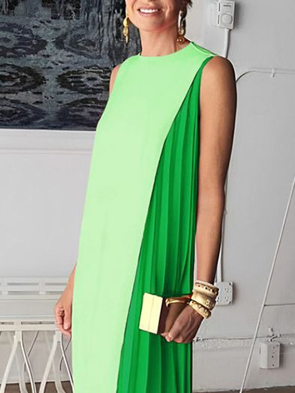 Loose Sleeveless Asymmetric Contrast Color Pleated Split-Joint Round-Neck Maxi Dresses