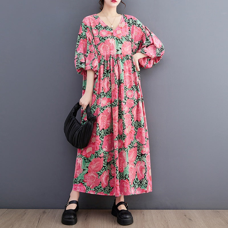 Literary Print Round Neck Short Sleeve Midi Dress