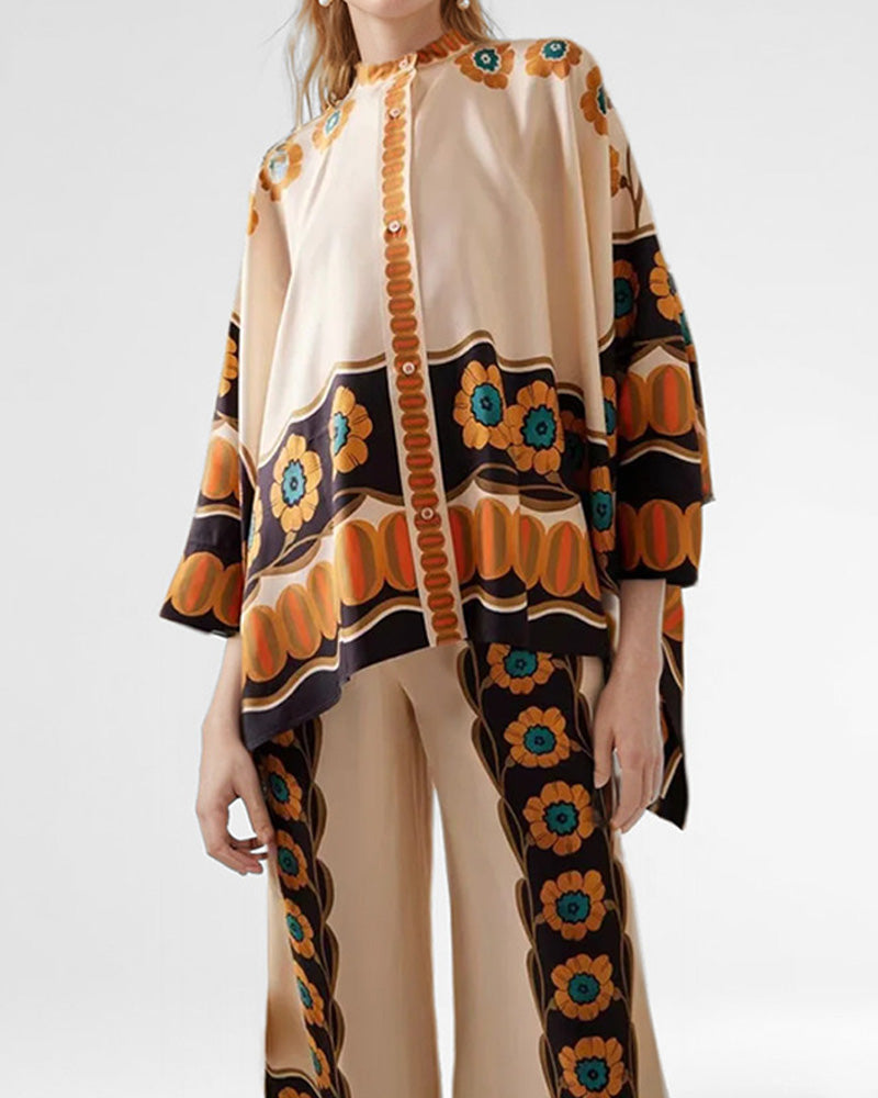 Fashion Print Loose Shirt Trousers Set