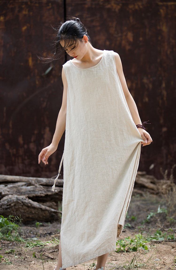 Simple Ramie Sleeveless Lace-up Midi Dress