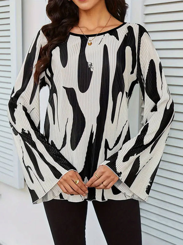 Flared Sleeves Loose Pleated Printed Split-Joint Round-Neck Blouses&Shirts Tops