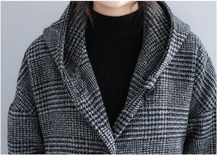 Classic Houndstooth Hooded Long Sleeve Coat