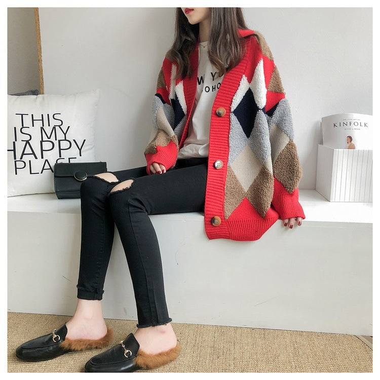 Literary Rhombus Plaid Sweater Outerwear