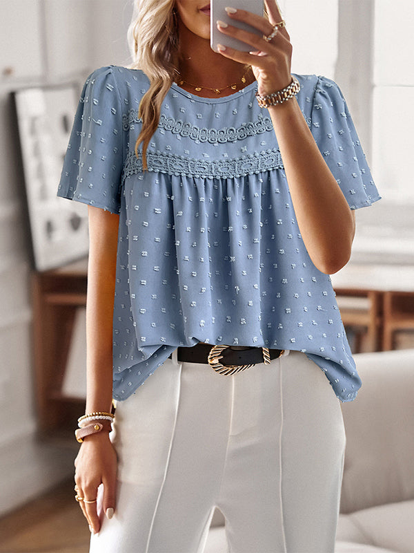 Loose Short Sleeves Hollow Jacquard Pleated Solid Color Split-Joint Round-Neck T-Shirts Tops