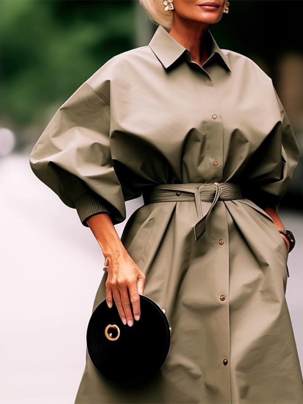 Loose Three-Quarter Sleeves Buttoned Solid Color Tied Waist Lapel Midi Dresses Shirt Dress