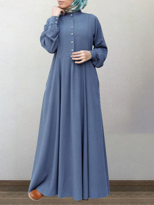 Simple Solid Color Stand Collar Maxi Dress