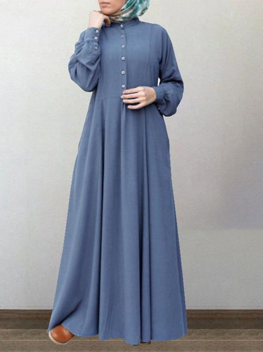 Simple Solid Color Stand Collar Maxi Dress