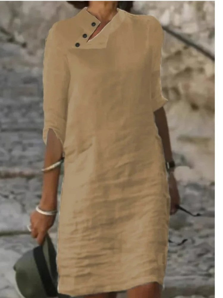 Solid Color Button Half Sleeve Midi Dress