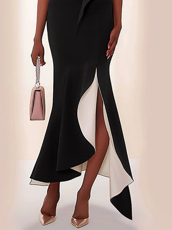 Bodycon Sleeveless Contrast Color Ruffle Trim Split-Joint V-Neck Maxi Dresses