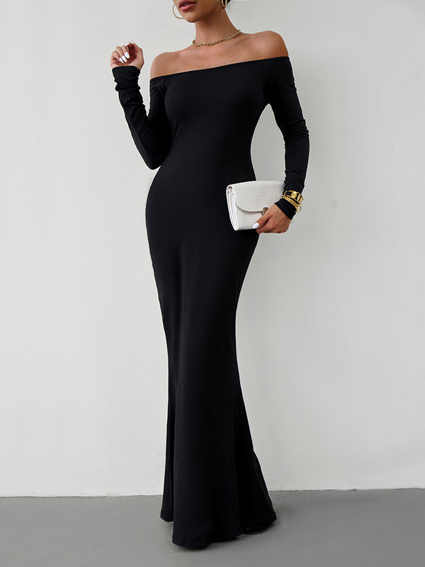 Bodycon Long Sleeves See-Through Solid Color Off-The-Shoulder Maxi Dresses