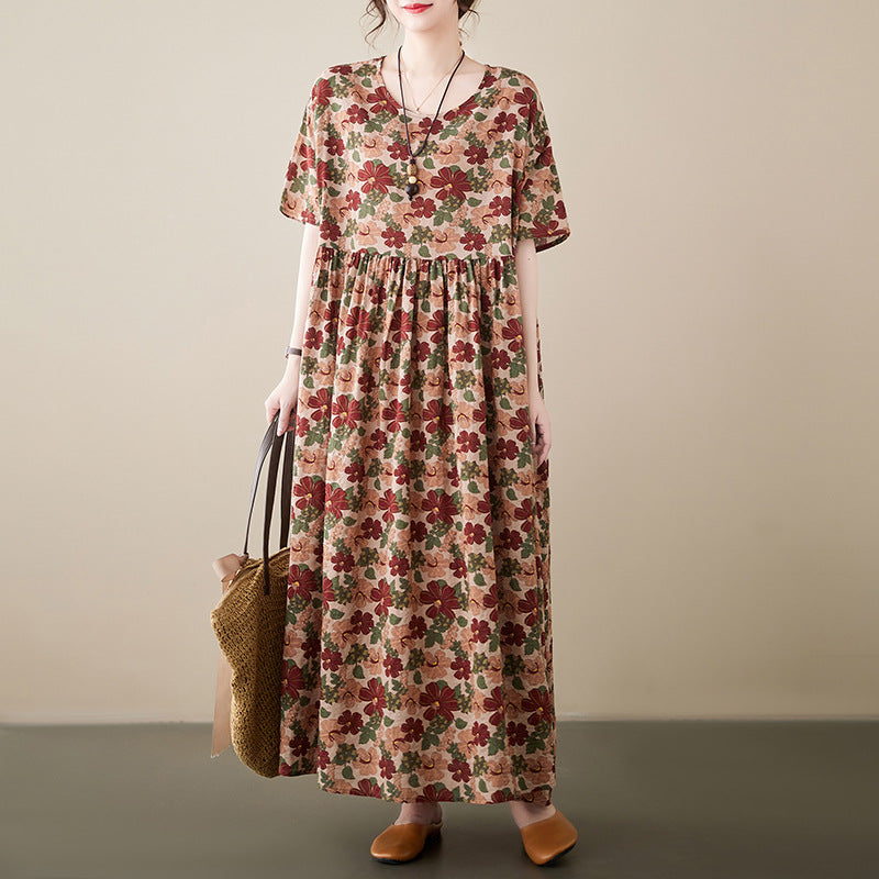 Ethnic Style Floral Print Short Sleeve Round Neck Maxi Dress