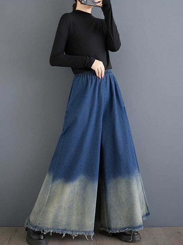 High Waisted Loose Elasticity Fringed Pockets Jean Pants Bottoms