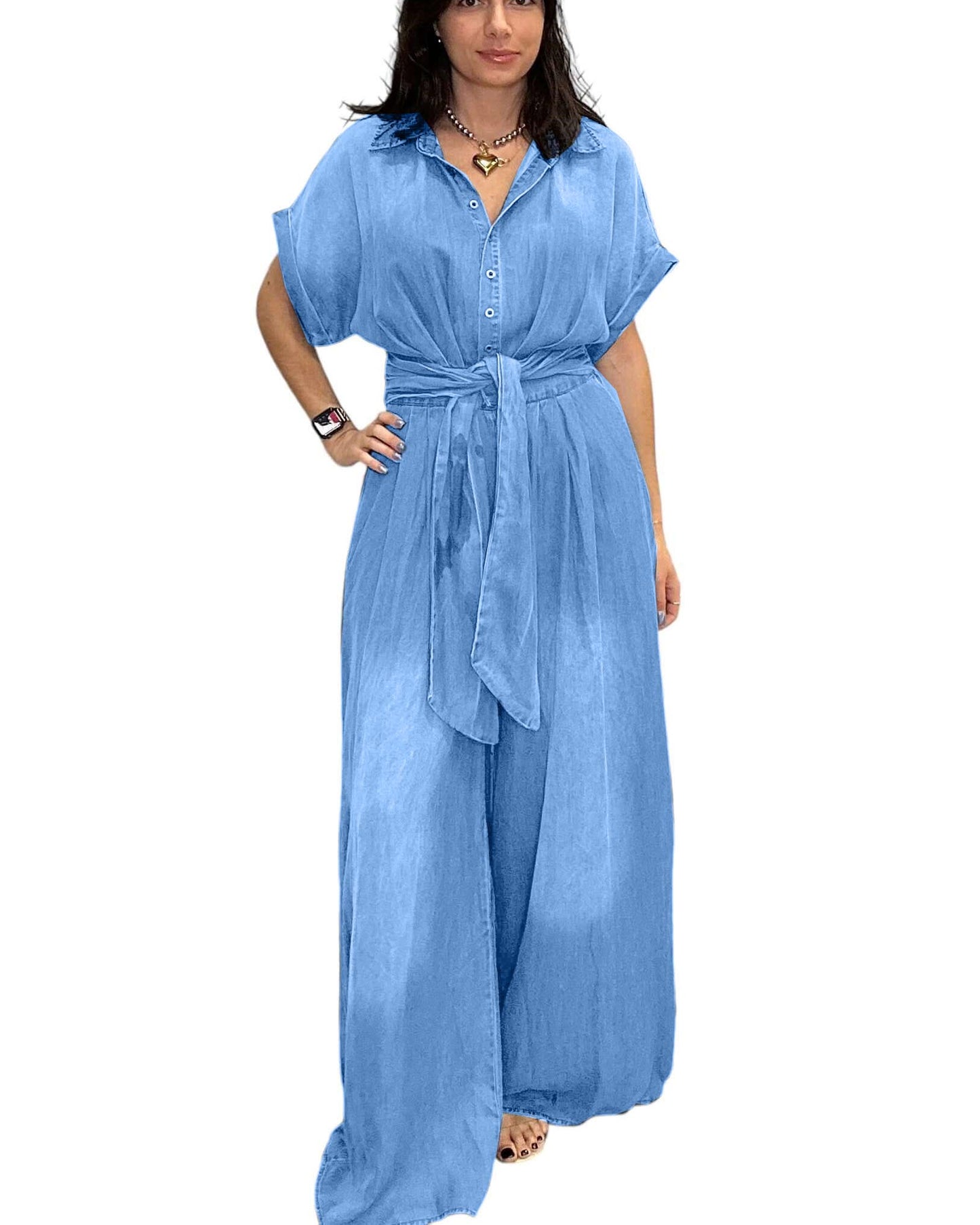 Casual Bat-Sleeve Tie-Waist Denim Wide-Leg Jumpsuit (Buy 2 Free Shipping)