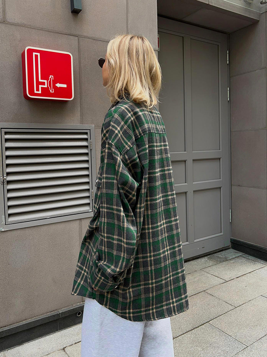 Plaid Shirt women's autumn retro double pocket striped mid-length shirt