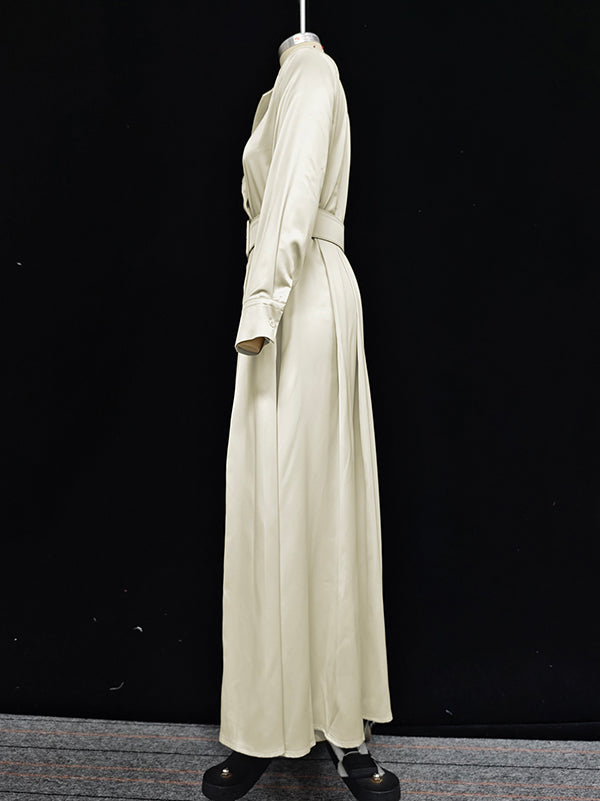 Long Sleeves Loose No Belt Solid Color Notched Collar Maxi Dresses