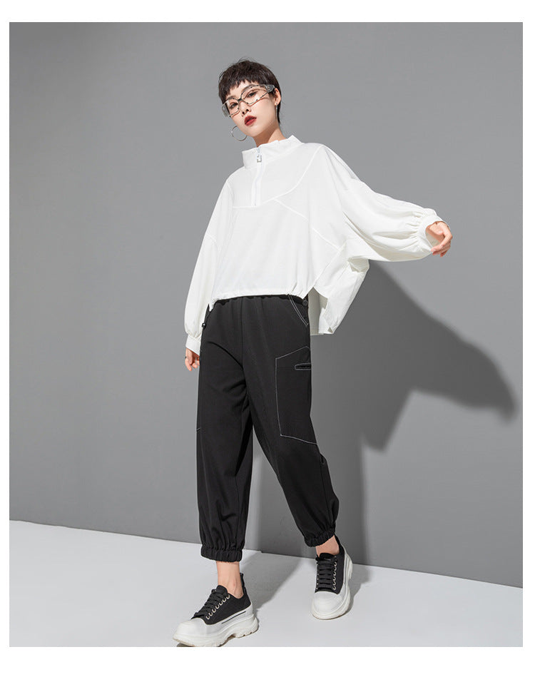 Casual Splicing Bat Sleeve Zipper T-shirt