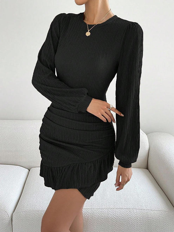 Bodycon Long Sleeves Pleated Ruffle Trim Solid Color Split-Joint Round-Neck Mini Dresses