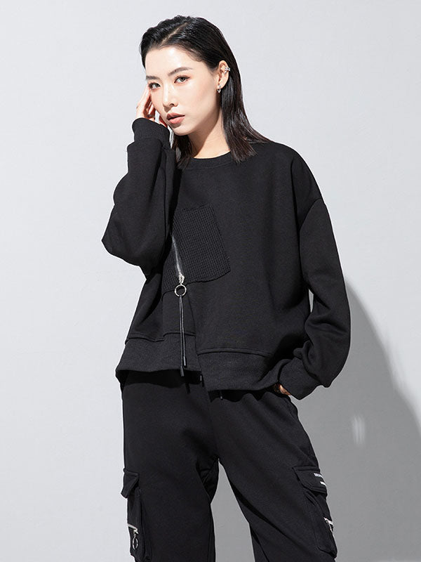 Casual Loose Long Sleeves Asymmetric Solid Color Zipper Round-Neck Sweatshirt Tops