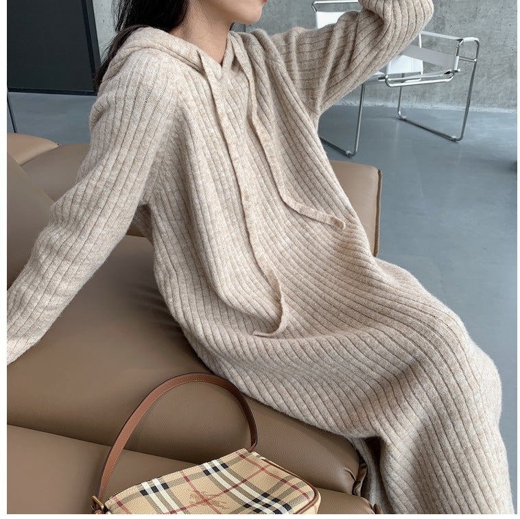 Simple Solid Color Hooded Sweater Dress