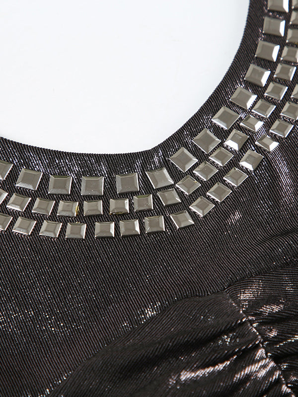 Skinny Sleeveless Backless Pleated Rhine Stones Tied Halter-Neck Vest Top