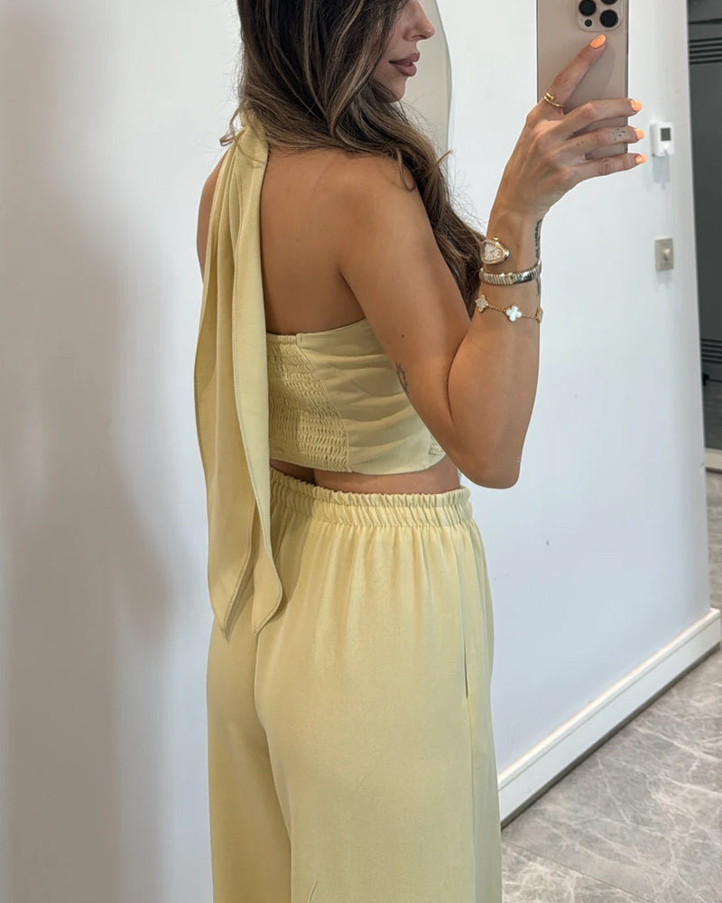 Casual Solid Color Lace-Up Top & Pants Two-Piece Set