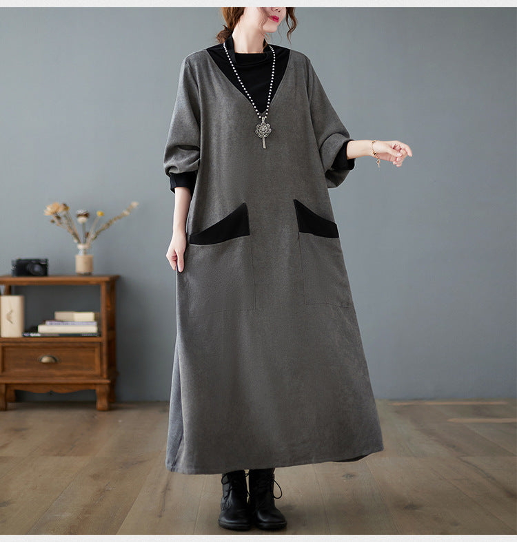 Literary Splicing Knit High Collar Midi Dress
