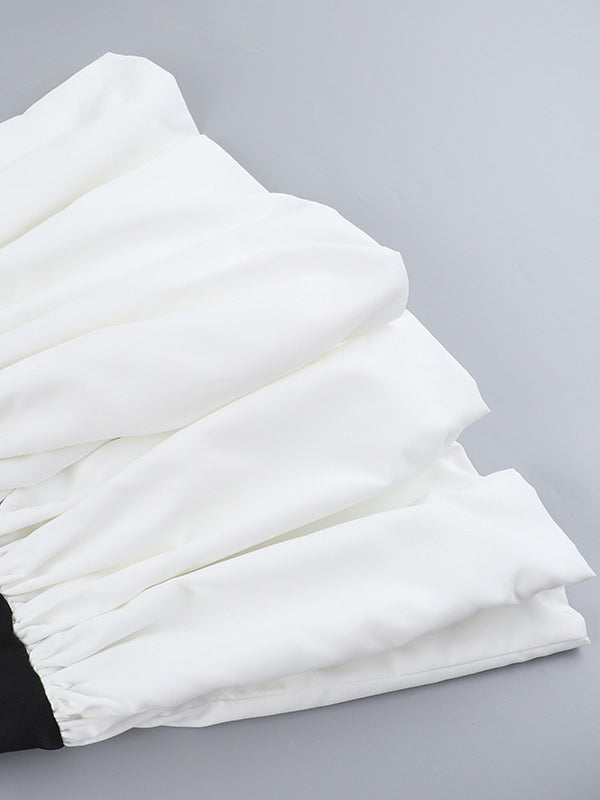 Long Sleeves Skinny Contrast Color Pleated Split-Joint Round-Neck Mini Dresses